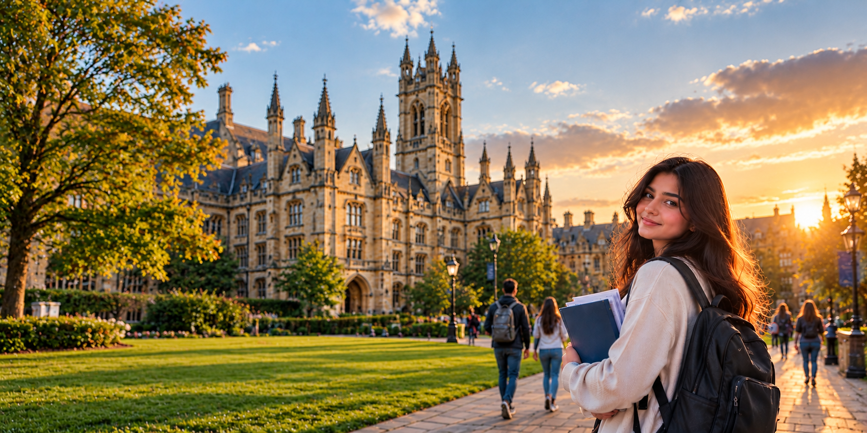 Student exploring a historic Gothic university campus at golden hour