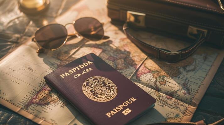 a-neatly-arranged-composition-of-travel-essentials-including-an-empty-covered-passport-sunglasses-and-a-map-photo